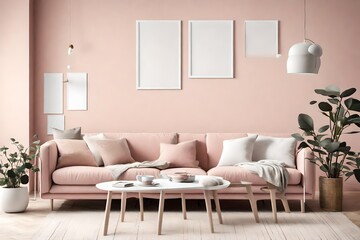 A comfortable living room with a white frame on a pale pink wall, showcasing a cozy sofa and minimalist furniture in soothing pastel tones.