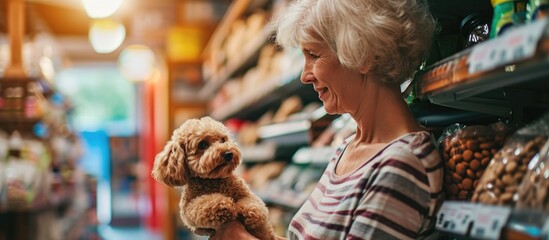 Middle aged blond woman purchasing pet supplies and food for her poodle puppy at the store. - obrazy, fototapety, plakaty