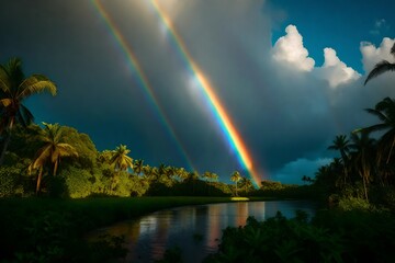 A rainbow stretching across the sky after a tropical rainstorm, framing a lush landscape with water droplets glistening.