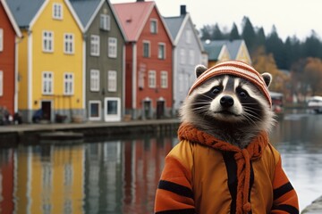 Funny raccoon wearing fishing suit and waiting for a boat at the city pier. Fisherman, sailor. Cozy hippie style. Life in a small sea village. Humanization concept - obrazy, fototapety, plakaty