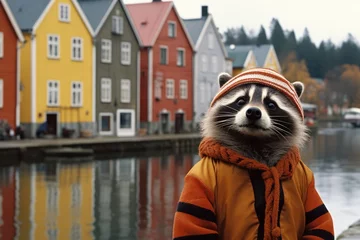 Tuinposter Funny raccoon wearing fishing suit and waiting for a boat at the city pier. Fisherman, sailor. Cozy hippie style. Life in a small sea village. Humanization concept © ratatosk