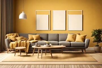 A cozy living room setup captured in HD, with a blank frame on a muted yellow wall and simple yet stylish furniture in complementary tones.