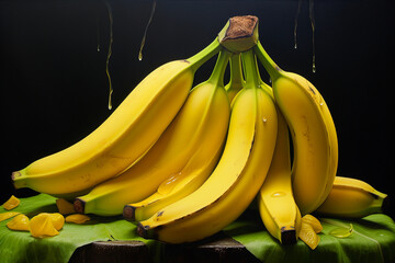 Bunch of bananas on a black background with drops of water.