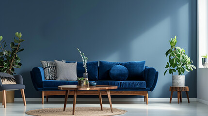 Home interior mock up with blue sofa, wooden table and decor in blue living room. AI Generative