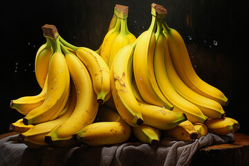 Bunch of ripe bananas on wooden table over dark background, closeup