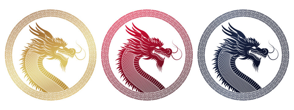 Silhouette of a dragon's head in a round frame on a transparent background with a national Chinese ornament. Set of round labels with dragon for design of cards, invitations, flyers, banners.