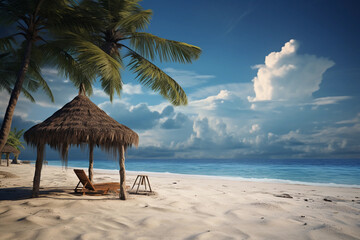 Fototapeta na wymiar Beach chair with umbrella and palm tree at Seychelles