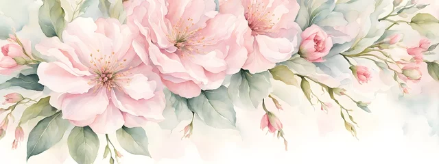 Foto op Canvas Water color banner with spring flowers on light pink background. Generative AI © Janis