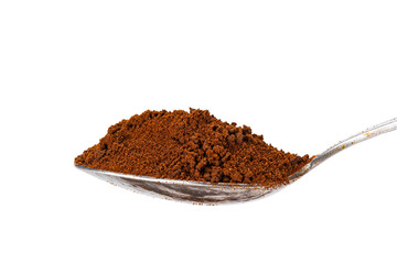 Side view of organic instant coffee powder in metal teaspoon isolated on white background with...