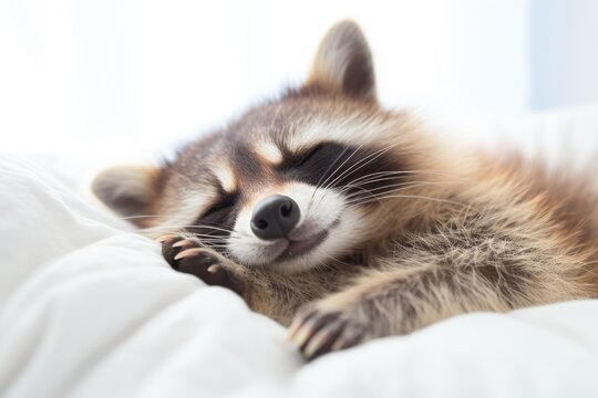 Cheerful cute racoon lying on white blanket. Funny forest animal character with funny face dreaming in bed at home. Exotic domestic pet concept