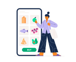 A young woman chooses food and daily supplies on her phone. Fast buying food in an online store. Vector flat illustration on a white background.