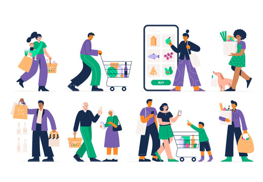 Set of different customers in a grocery store. People make purchases of food and drinks. Routine and household chores concepts. Vector flat illustrations on a white background.