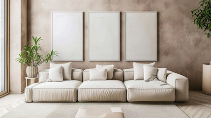 Living room interior in beige colors with three big whit frame. AI Generative