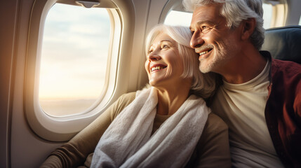 Elder couple looking out the plane window while travelling with happy faces grey hair and winter clothes