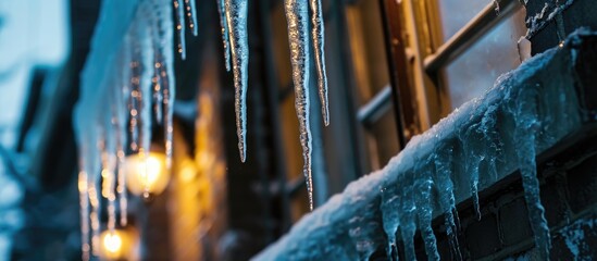 Hazardous icicles on building pose risk to pedestrians in winter. - obrazy, fototapety, plakaty