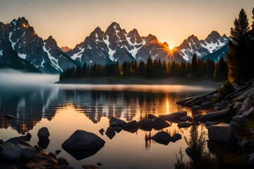 Landscape of Grand Teton mountains reflecting on a lake during sunrise - Powered by Adobe