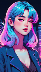 Obraz premium Hand drawn cyberpunk style beautiful and cute cartoon anime girl illustration 