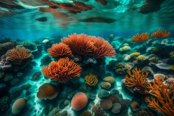 A vibrant coral reef beneath clear turquoise waters, showcasing a kaleidoscope of marine life in their natural habitat.