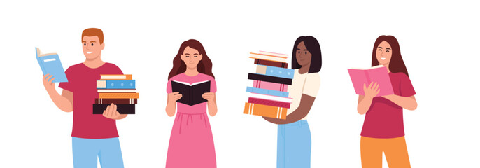 set of people with books. Characters vector illustration. book reading day.