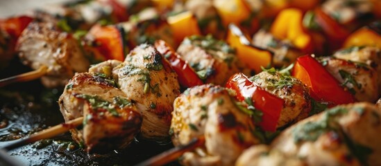 Close-up of chicken kebab and bell pepper frying in a pan.