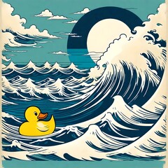 cute illustration of a rubber duck floating in the ocean with rough water and waves all arounf
