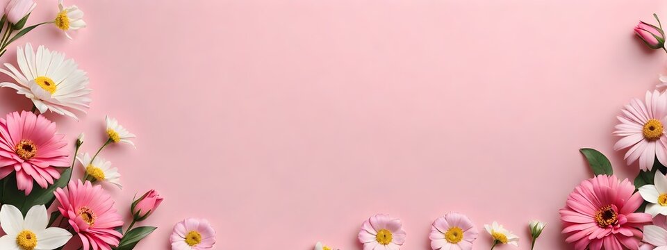 Banner with spring flowers on light pink background Mother's day background Woman's day poster. Generative AI