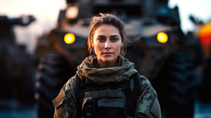 Girl soldier in military uniform, military equipment in the background. AI generated - obrazy, fototapety, plakaty