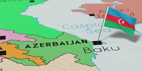 Azerbaijan, Baku - national flag pinned on political map - 3D illustration - obrazy, fototapety, plakaty