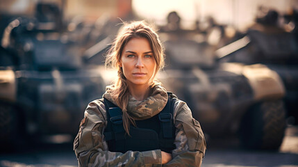 Girl soldier in military uniform, military equipment in the background. AI generated