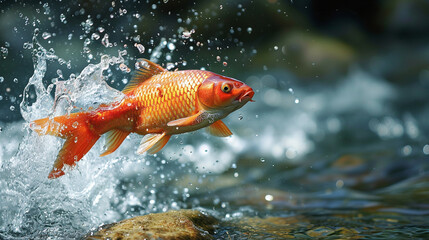 Red carp jumps out of the water
