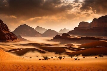 Fototapeta na wymiar The wind raises the dust in Wadi Rum, Sahara or Arabian desert