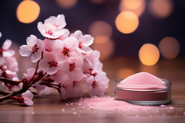 Fototapeta na wymiar Sakura blossoms and beauty blush powder on wooden table. Design for natural beauty products. Image Mother's Day, for spa service, cosmetic products, beauty salon. Banner with space for text.