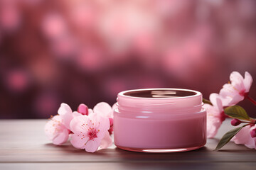 Fototapeta na wymiar Sakura blossoms and beauty cream on wooden table. Design for natural beauty products. Image Mother's Day, for spa service, cosmetic products, beauty salon. Banner with space for text.