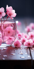 Cherry blossoms in glass vase. Image for a Valentine's Day themed greeting card or invitation. Decorative background for a spa or wellness center. Banner with space for text