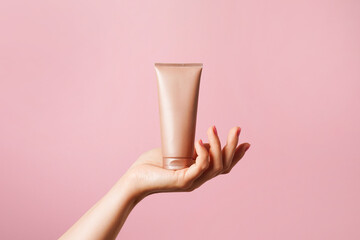 Woman hand holding unbranded beige tube with cosmetic cream on pink background. skin care concept,...