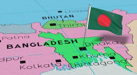Bangladesh, Dhaka - national flag pinned on political map - 3D illustration
