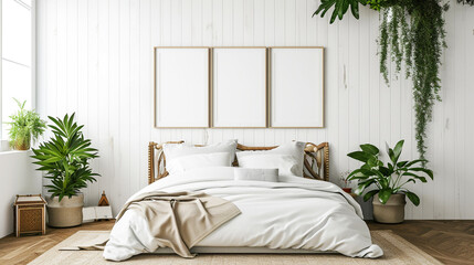 Mock up frame in cozy home interior background, coastal style bedroom. AI Generative