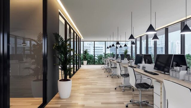 Animation of modern contemporary office interior with city view 3d render, There are wooden floor furnished with white chair and wooden table large windows overlooking cityscape outside.