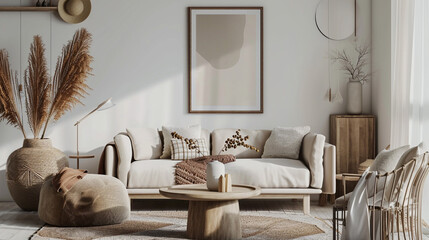 Living room interior with mock up poster frame, beige sofa, round wooden. AI Generative