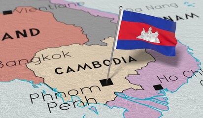 Obraz premium Cambodia, Phnom Penn - national flag pinned on political map - 3D illustration