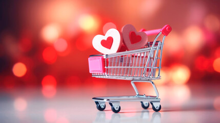 Miniature basket with gifts, sales concept for Valentine's day. AI generated