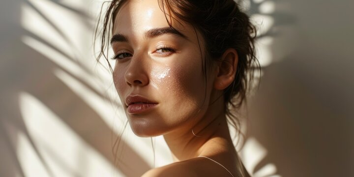 Beautiful woman in her clean skin skin care moist skin blue eyes open looking straight - Powered by Adobe
