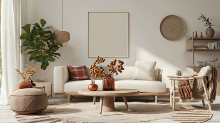 Living room interior with mock up poster frame, beige sofa, round wooden. AI Generative