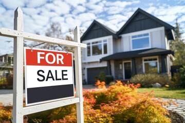 Fototapeta premium House for sale sign in front of a modern home