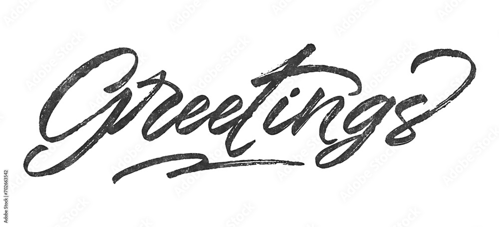 Poster word greetings written in brush script font with marker ink effect isolated on transparent backgroun