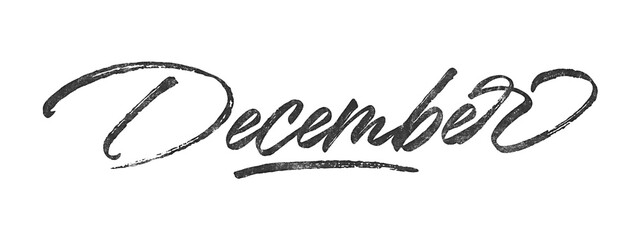 Month December written in brush script font with marker ink effect isolated on transparent background - obrazy, fototapety, plakaty