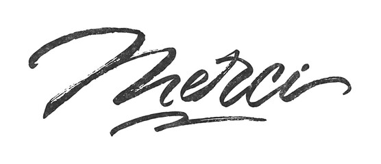 French word Merci (thank you) written in brush script font with marker ink effect isolated on transparent background