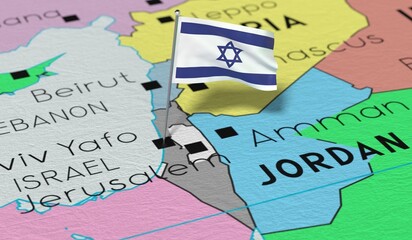 Naklejka premium Israel, Jerusalem - national flag pinned on political map - 3D illustration