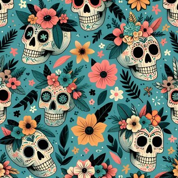 AI generated illustration of a vibrant pattern of decorated sugar skulls with colorful flowers