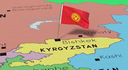 Kyrgyzstan, Bishkek - national flag pinned on political map - 3D illustration